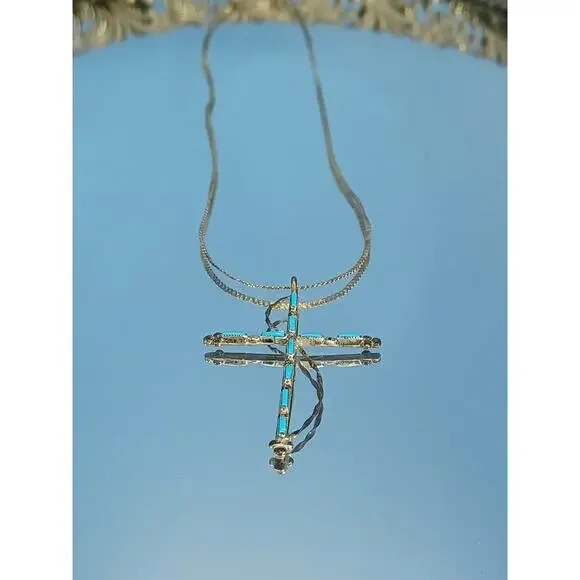 Vintage 925 Turquoise Cross & Chain Native American Southwestern Beauty Necklace - Picture 4 of 16